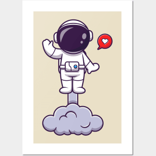 Astronaut Launching On Space And Waving Hand Cartoon Posters and Art